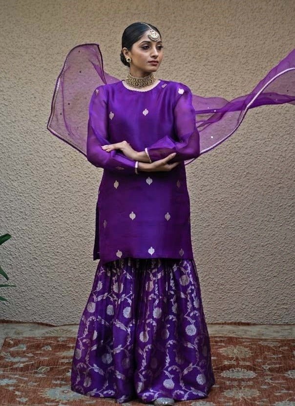 Purple Butti Silk Kurta Sharara Set Sobariko - Fabilicious Fashion