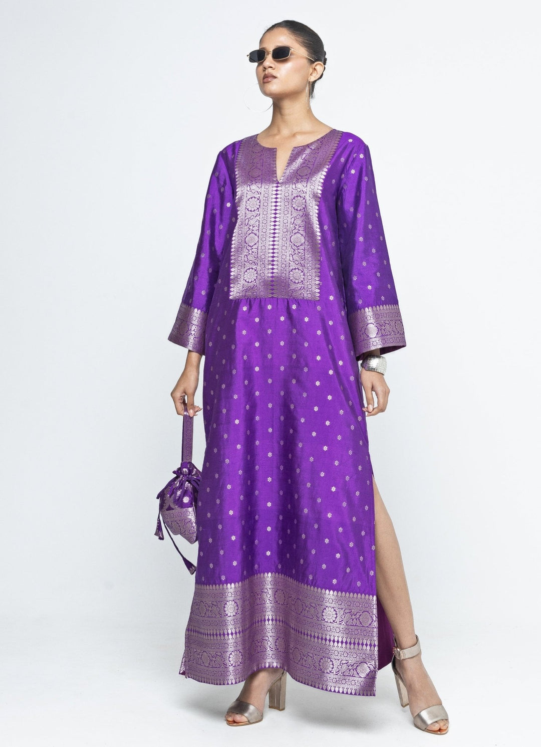 Purple Butti Silk Slit Kaftan Sobariko - Fabilicious Fashion