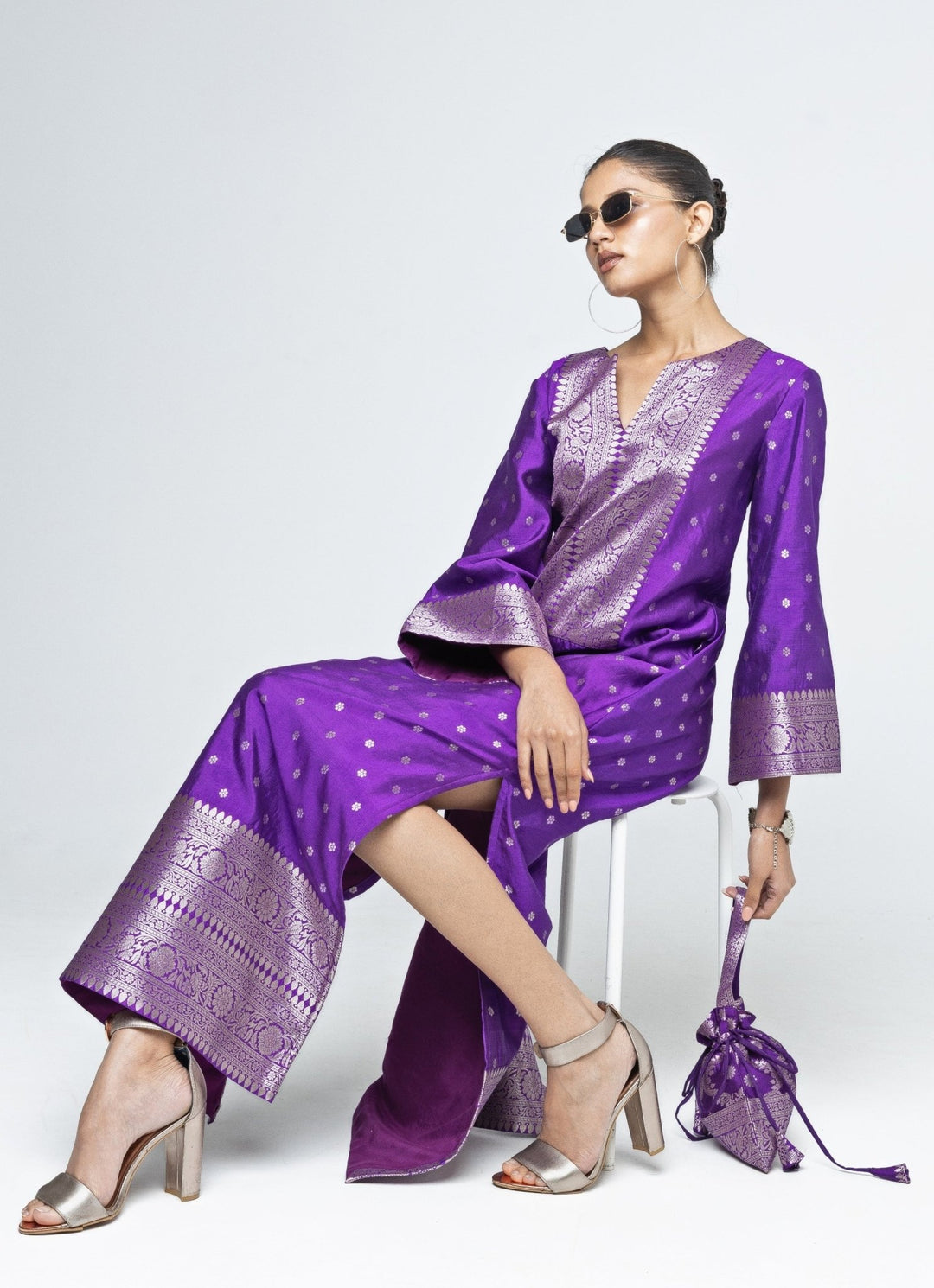 Purple Butti Silk Slit Kaftan Sobariko - Fabilicious Fashion