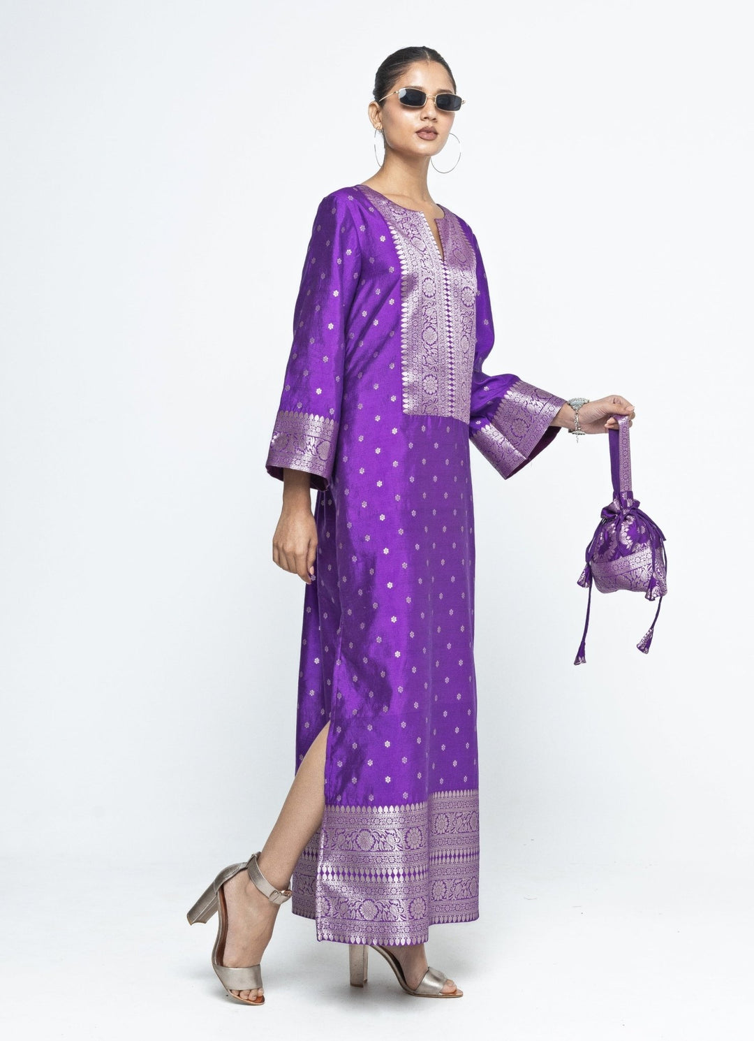 Purple Butti Silk Slit Kaftan Sobariko - Fabilicious Fashion