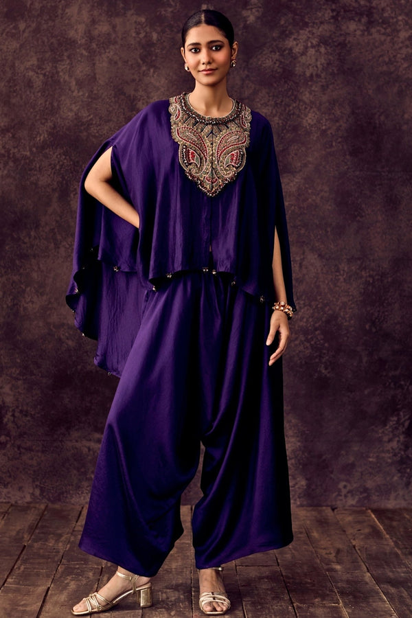 Purple chanderi kaftan pants set by Prisho