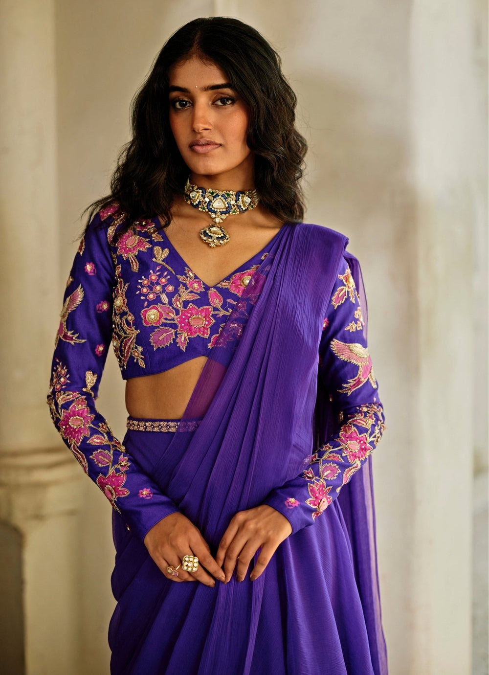 Purple Chiffon Pre - Draped Saree Paulmi and Harsh - Fabilicious Fashion