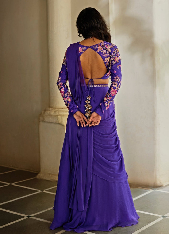 Purple Chiffon Pre - Draped Saree Paulmi and Harsh - Fabilicious Fashion