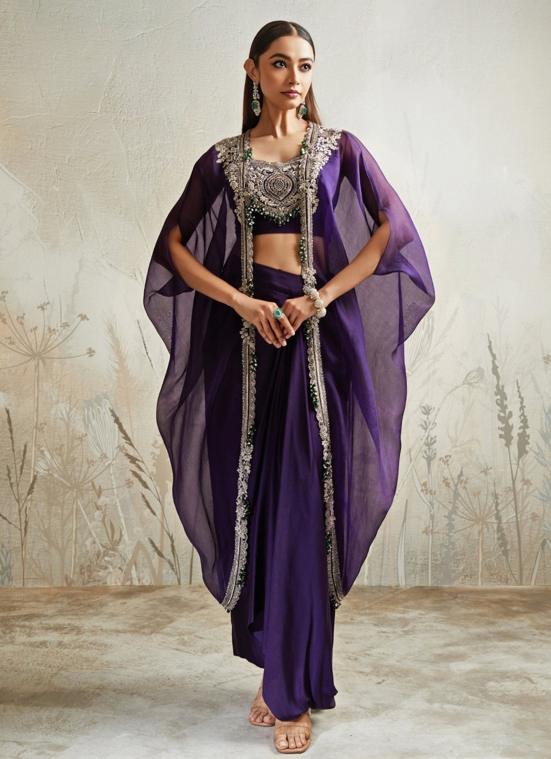 Prisho Purple Crepe Drape Skirt Set With CapeFabilicious Fashion