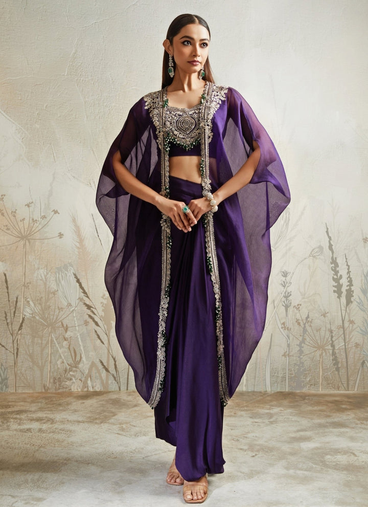 Prisho Purple Crepe Drape Skirt Set With CapeFabilicious Fashion