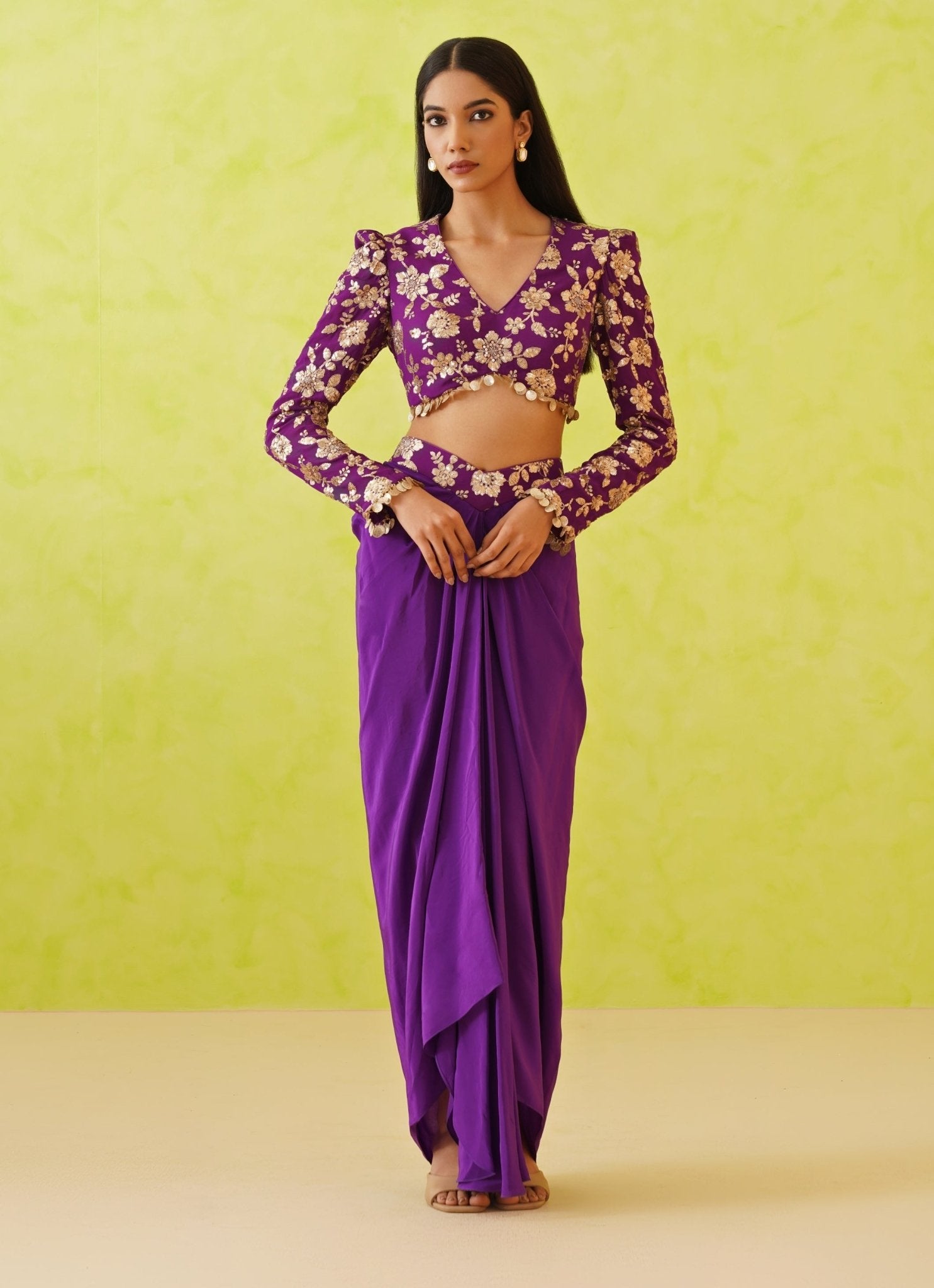 Purple embroidered dhoti skirt set — modern drape skirt and dhoti skirt for festive wedding guest