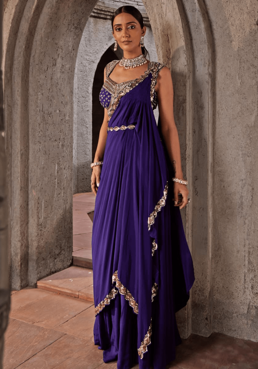 Purple Crepe Pre Drape Saree Set Nidhika Shekhar - Fabilicious Fashion