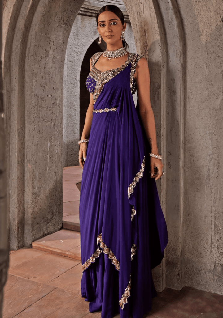 Purple Crepe Pre Drape Saree Set Nidhika Shekhar - Fabilicious Fashion