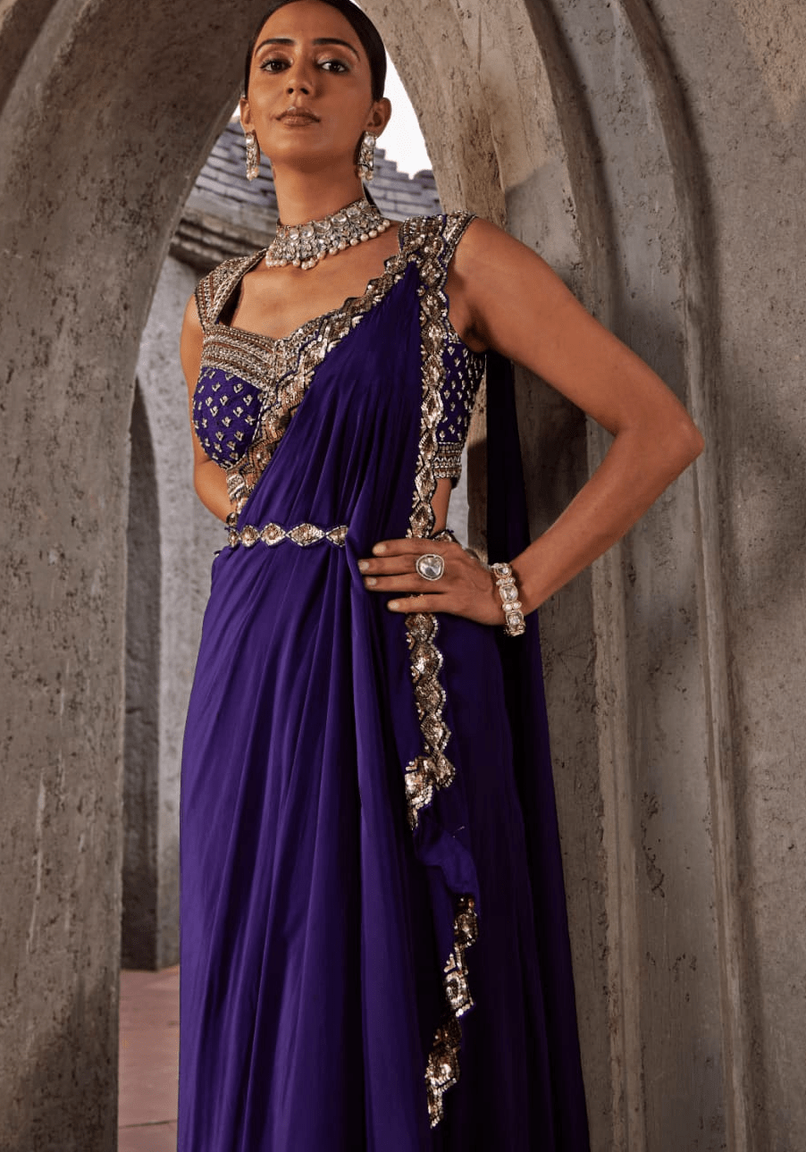 Purple Crepe Pre Drape Saree Set Nidhika Shekhar - Fabilicious Fashion