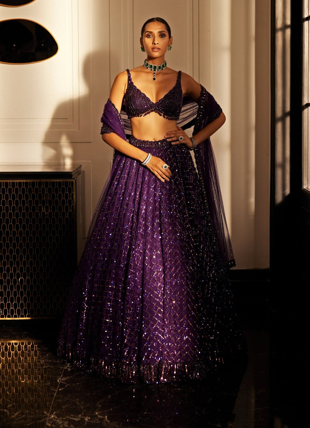 Purple Crystal And Sequin Embroidered Organza Lehenga Set Vvani By Vani Vats - Fabilicious Fashion