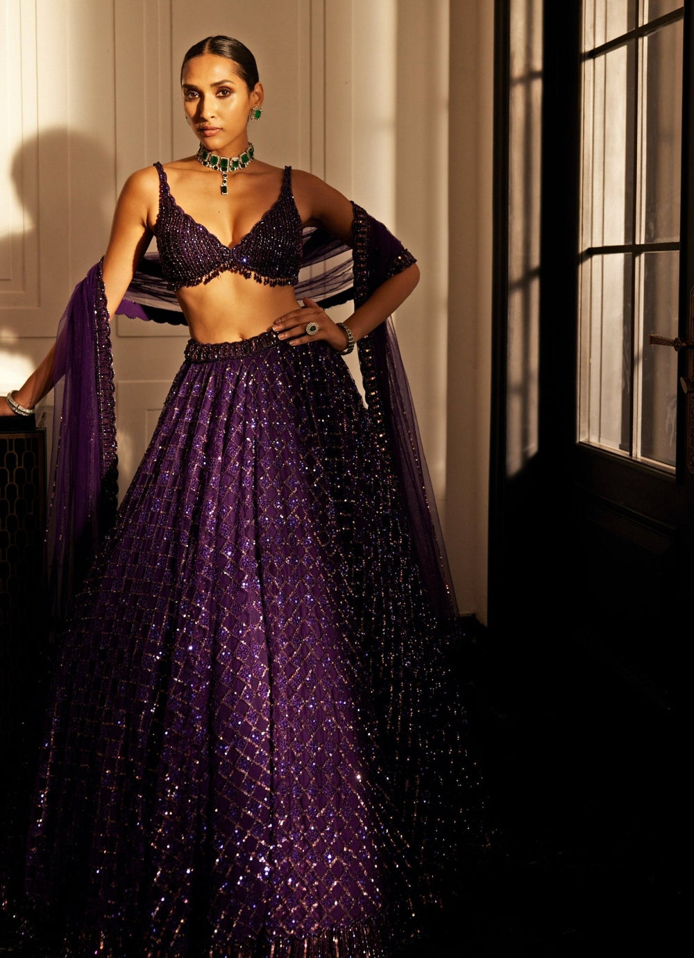 Purple Crystal And Sequin Embroidered Organza Lehenga Set Vvani By Vani Vats - Fabilicious Fashion