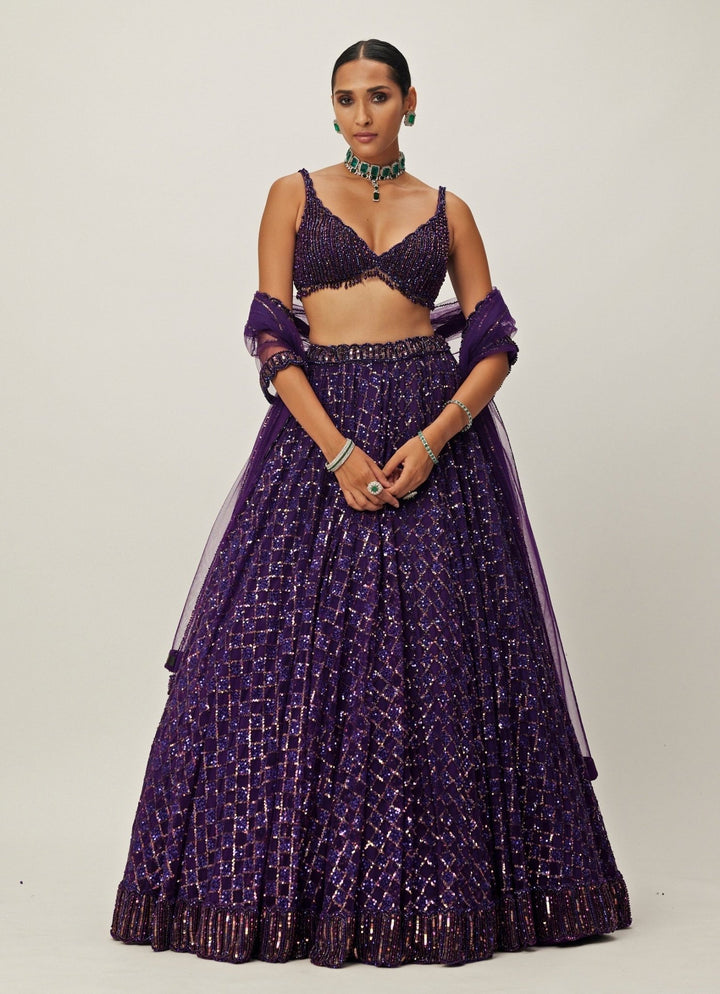 Purple Crystal And Sequin Embroidered Organza Lehenga Set Vvani By Vani Vats - Fabilicious Fashion