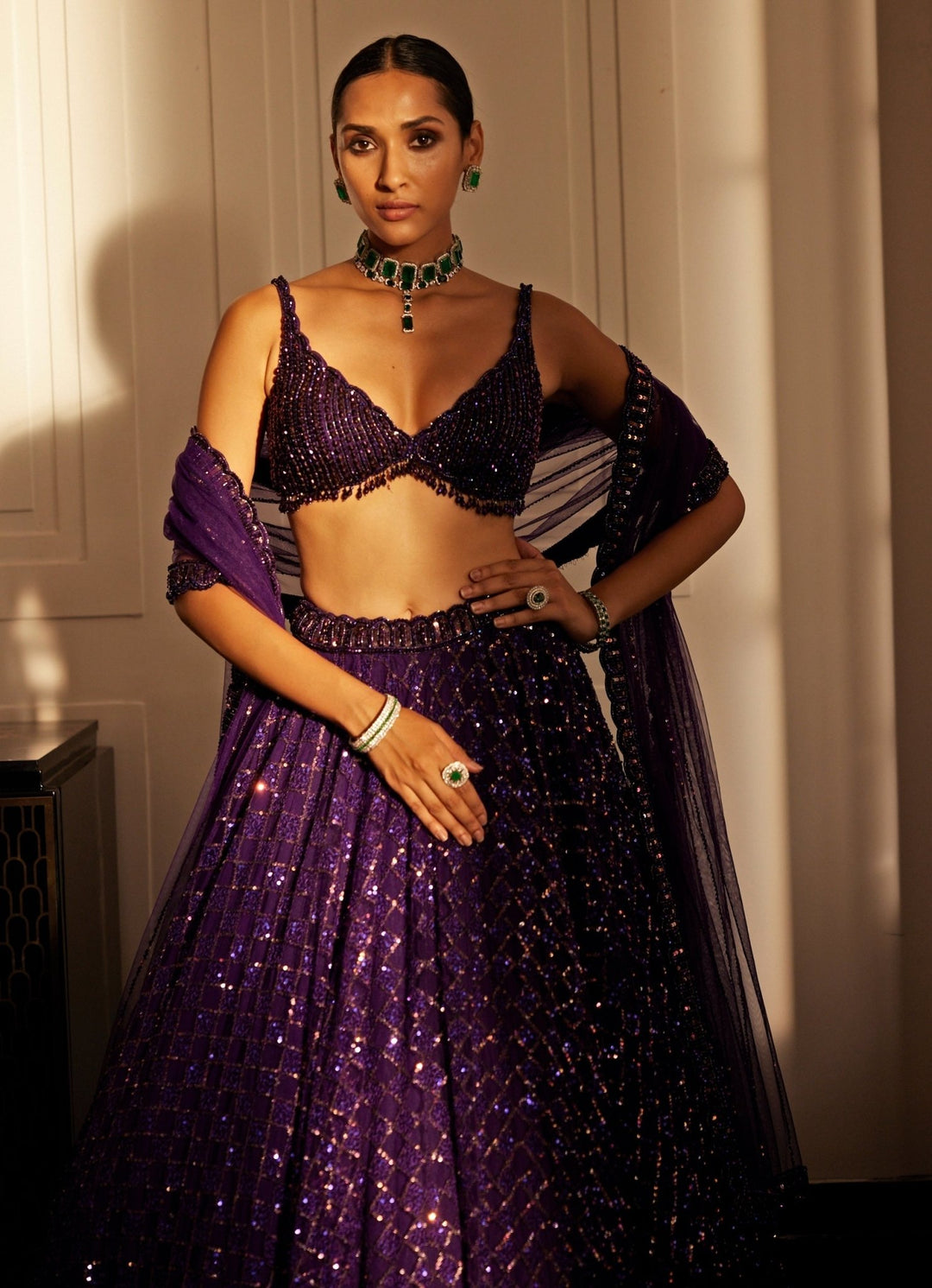 Purple Crystal And Sequin Embroidered Organza Lehenga Set Vvani By Vani Vats - Fabilicious Fashion