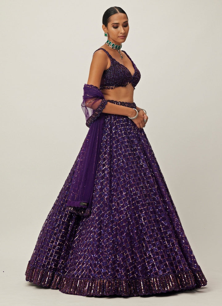 Purple Crystal And Sequin Embroidered Organza Lehenga Set Vvani By Vani Vats - Fabilicious Fashion