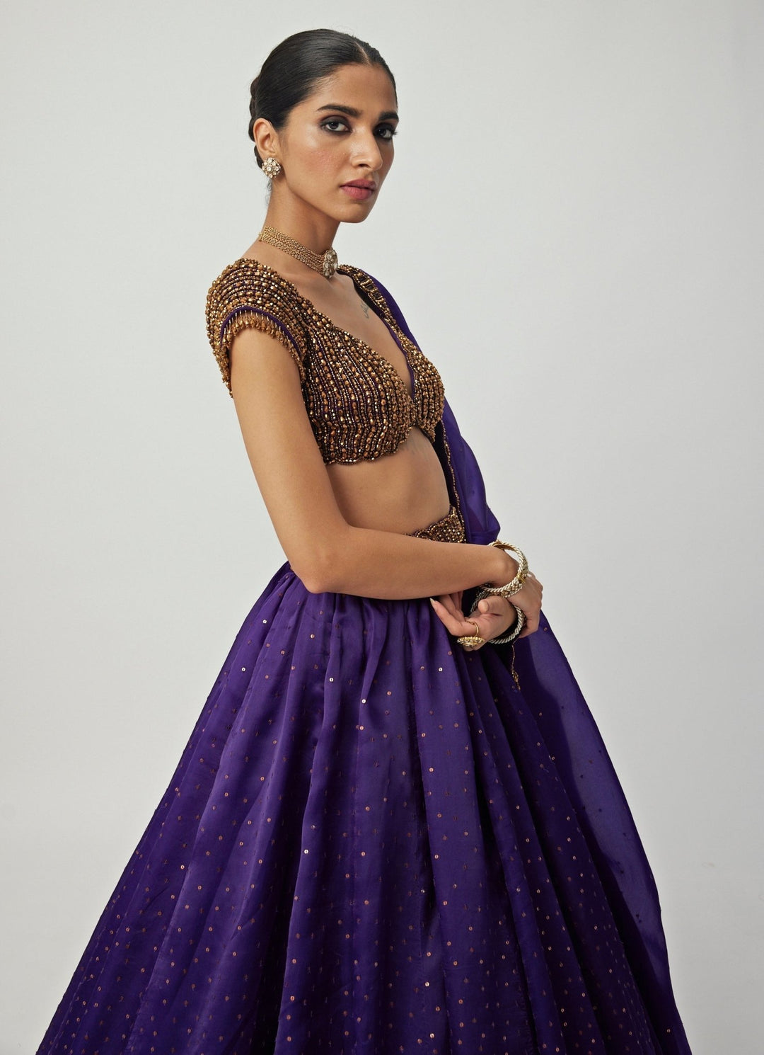Purple Crystal And Sequin Scattered Organza Lehenga Set Vvani By Vani Vats - Fabilicious Fashion