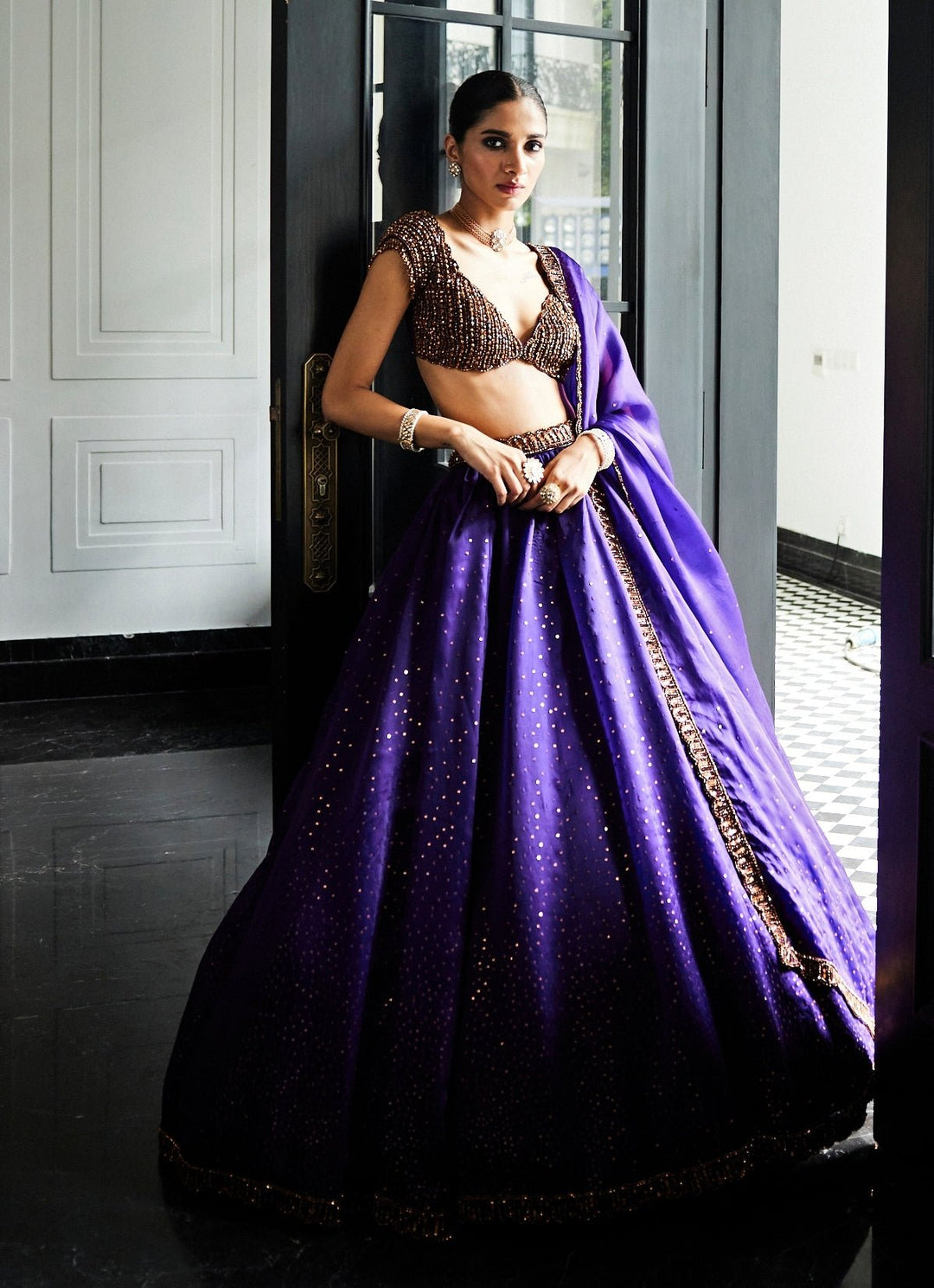 Purple Crystal And Sequin Scattered Organza Lehenga Set Vvani By Vani Vats - Fabilicious Fashion