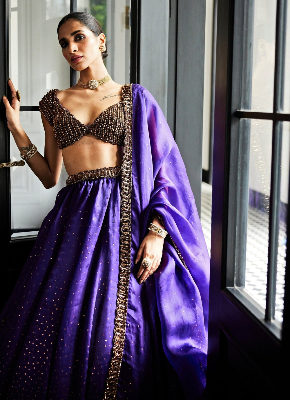 Purple Crystal And Sequin Scattered Organza Lehenga Set Vvani By Vani Vats - Fabilicious Fashion