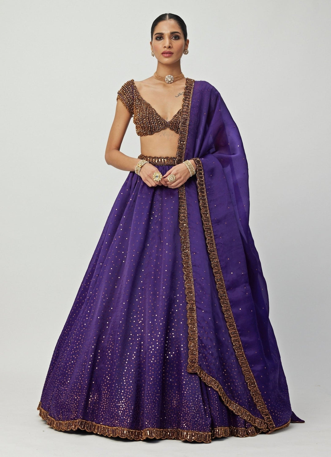 Purple Crystal And Sequin Scattered Organza Lehenga Set Vvani By Vani Vats - Fabilicious Fashion
