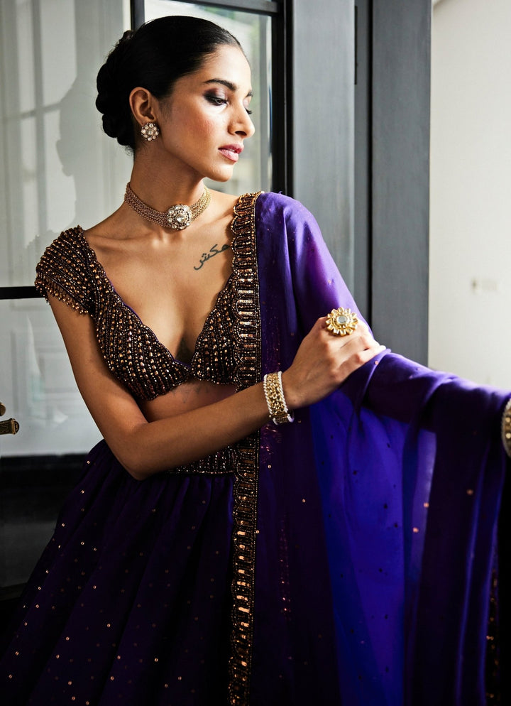 Purple Crystal And Sequin Scattered Organza Lehenga Set Vvani By Vani Vats - Fabilicious Fashion