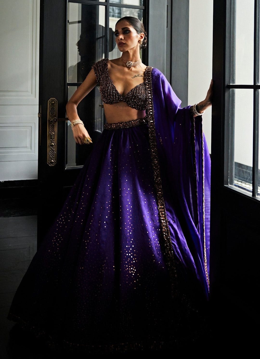 Purple Crystal And Sequin Scattered Organza Lehenga Set Vvani By Vani Vats - Fabilicious Fashion