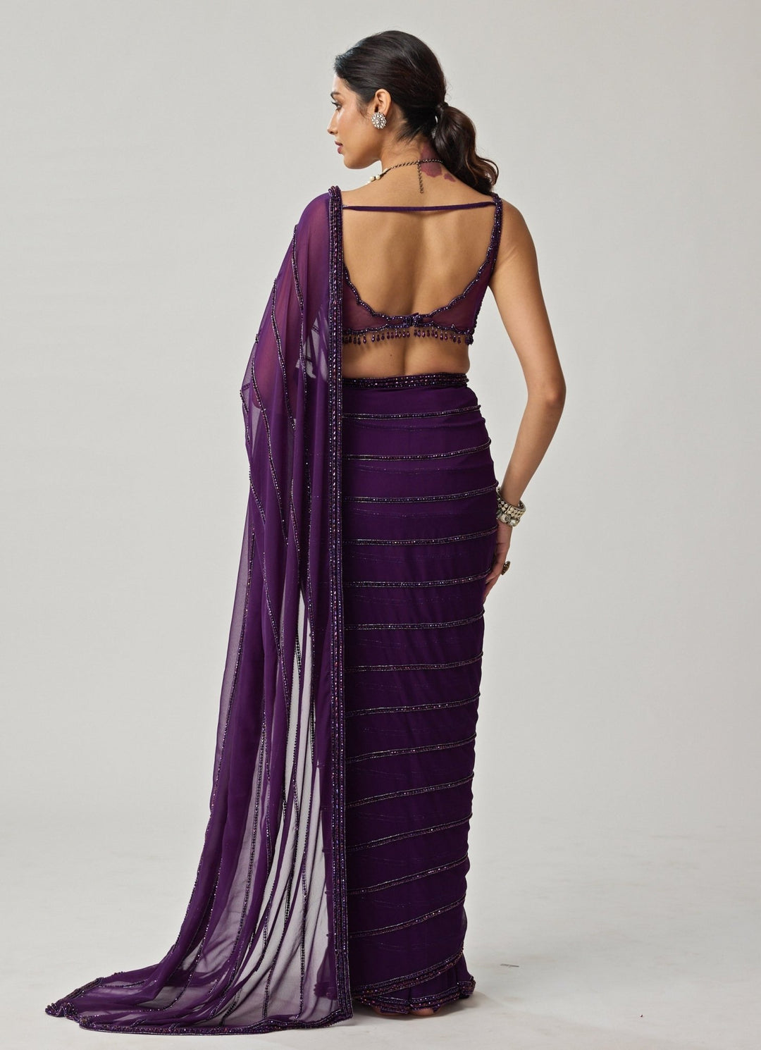 Purple Crystal Embroidered Georgette Saree Set Vvani by Vani Vats - Fabilicious Fashion