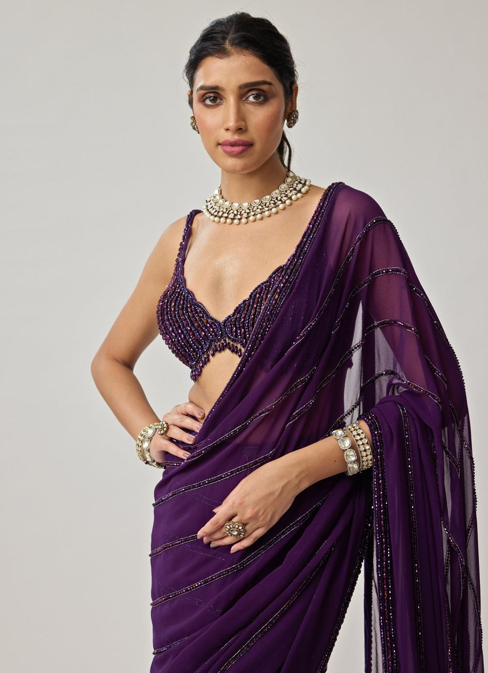 Purple Crystal Embroidered Georgette Saree Set Vvani by Vani Vats - Fabilicious Fashion