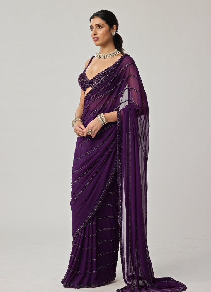Purple Crystal Embroidered Georgette Saree Set Vvani by Vani Vats - Fabilicious Fashion