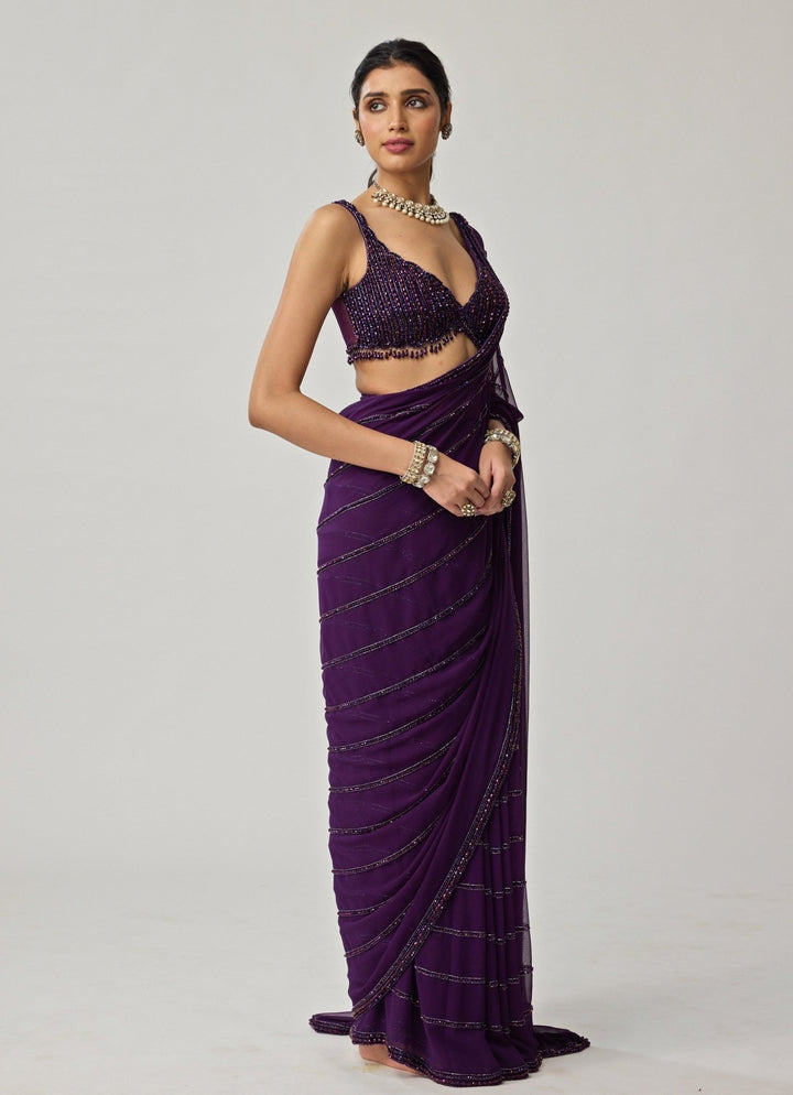 Purple Crystal Embroidered Georgette Saree Set Vvani by Vani Vats - Fabilicious Fashion