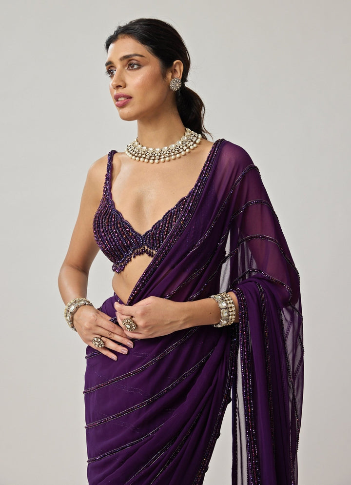 Purple Crystal Embroidered Georgette Saree Set Vvani by Vani Vats - Fabilicious Fashion