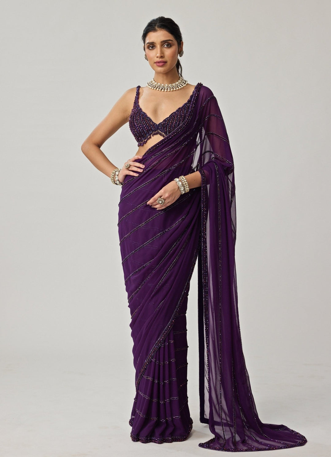Purple Crystal Embroidered Georgette Saree Set Vvani by Vani Vats - Fabilicious Fashion