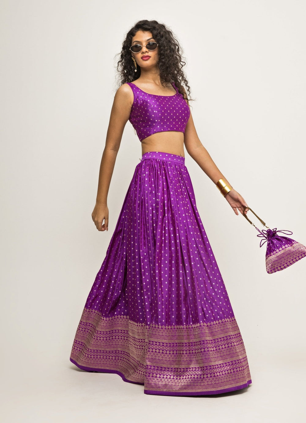 Purple Dotted Banarasi Silk Lehenga Set Sobariko - Fabilicious Fashion