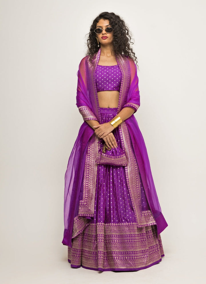 Purple Dotted Banarasi Silk Lehenga Set Sobariko - Fabilicious Fashion