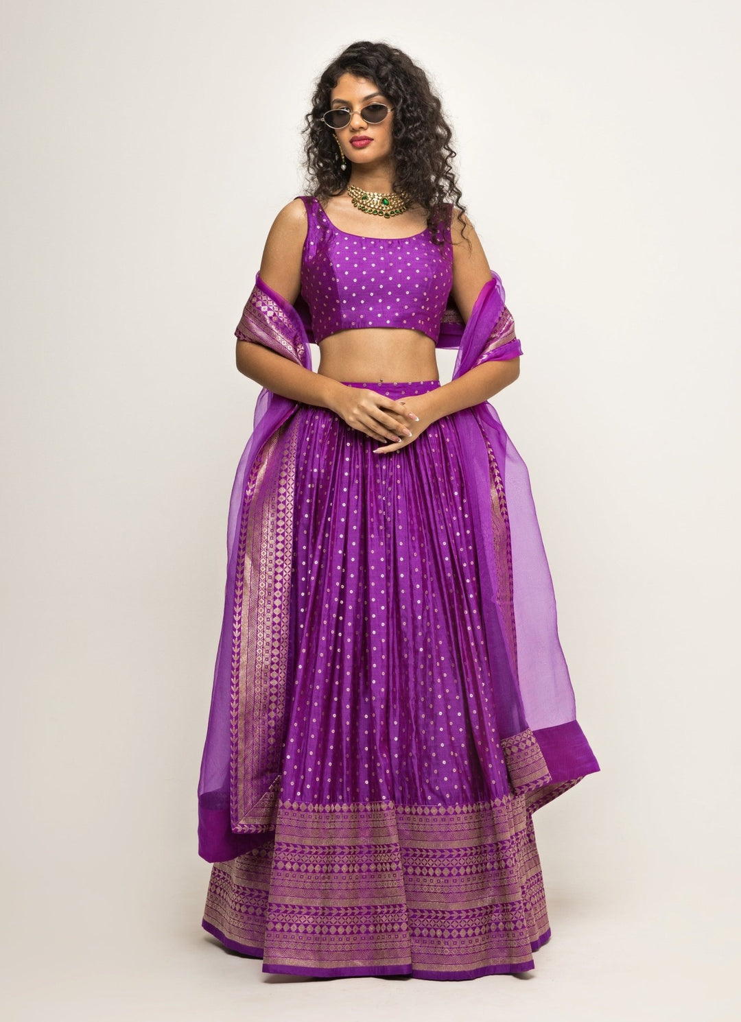Purple Dotted Banarasi Silk Lehenga Set Sobariko - Fabilicious Fashion