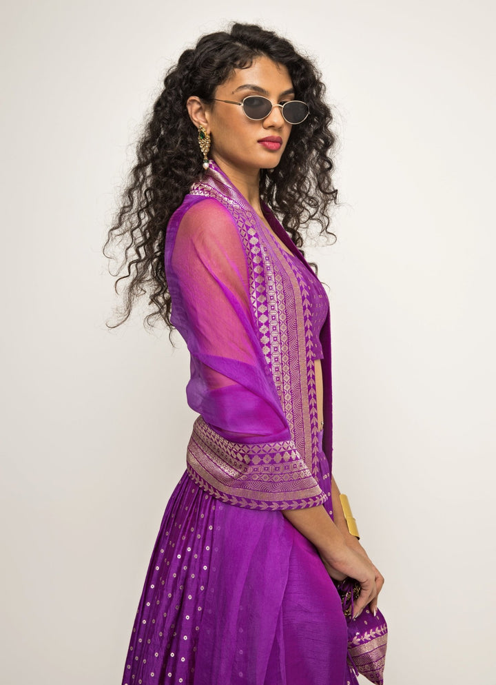 Purple Dotted Banarasi Silk Lehenga Set Sobariko - Fabilicious Fashion