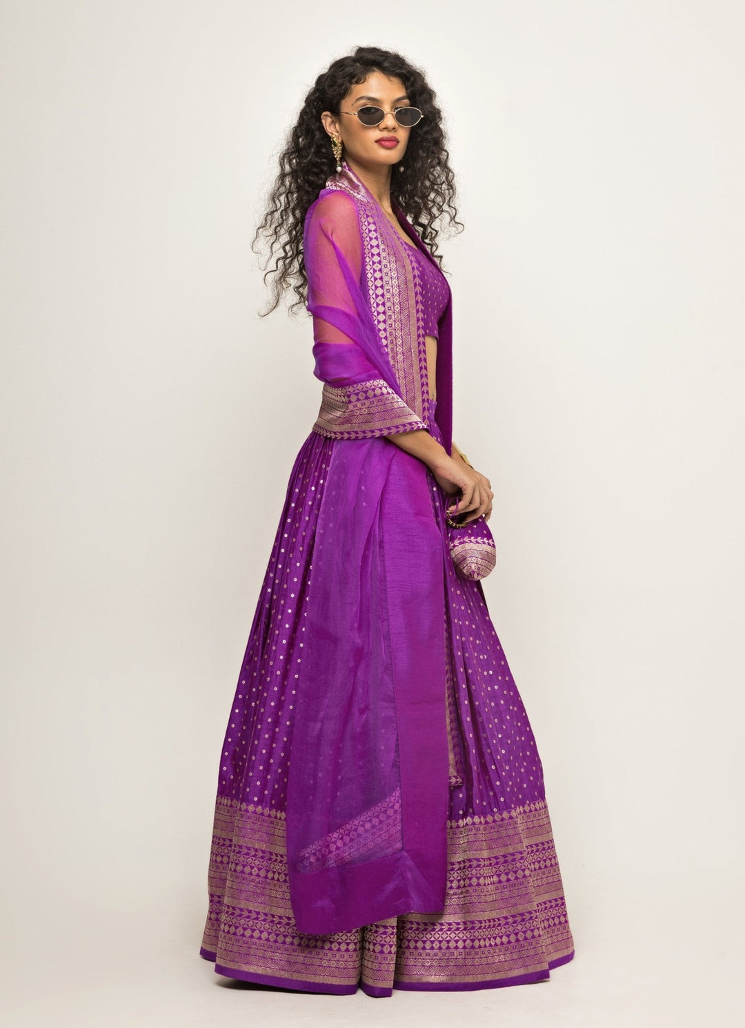 Purple Dotted Banarasi Silk Lehenga Set Sobariko - Fabilicious Fashion