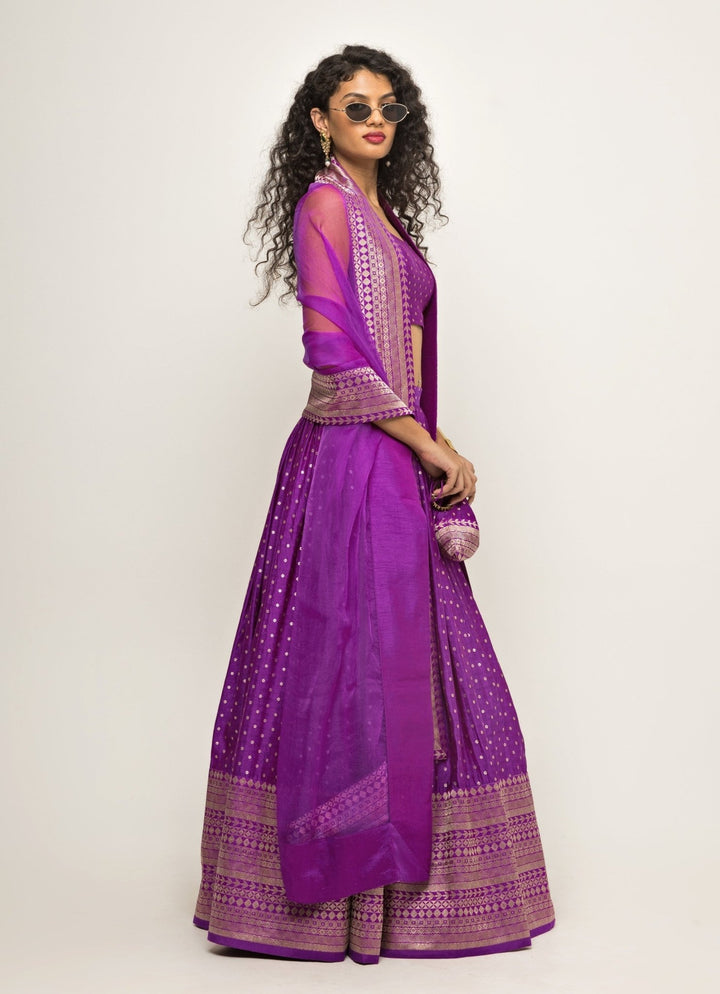 Purple Dotted Banarasi Silk Lehenga Set Sobariko - Fabilicious Fashion
