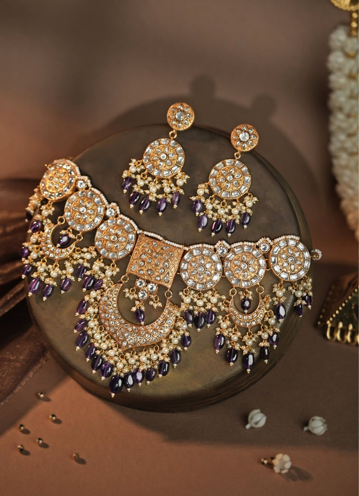 Purple Drop Matte Gold Necklace Set Riana Jewellery - Fabilicious Fashion