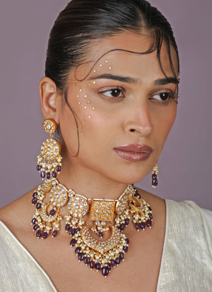 Purple Drop Matte Gold Necklace Set Riana Jewellery - Fabilicious Fashion