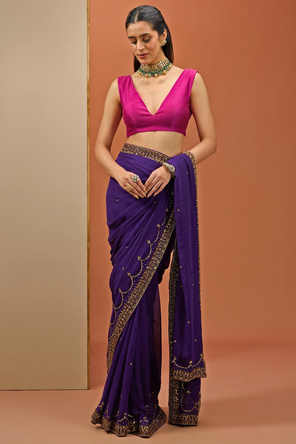 Purple Embellished Georgette Saree Set Esha Koul - Fabilicious Fashion