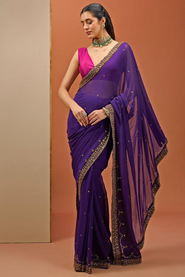 Purple Embellished Georgette Saree Set Esha Koul - Fabilicious Fashion