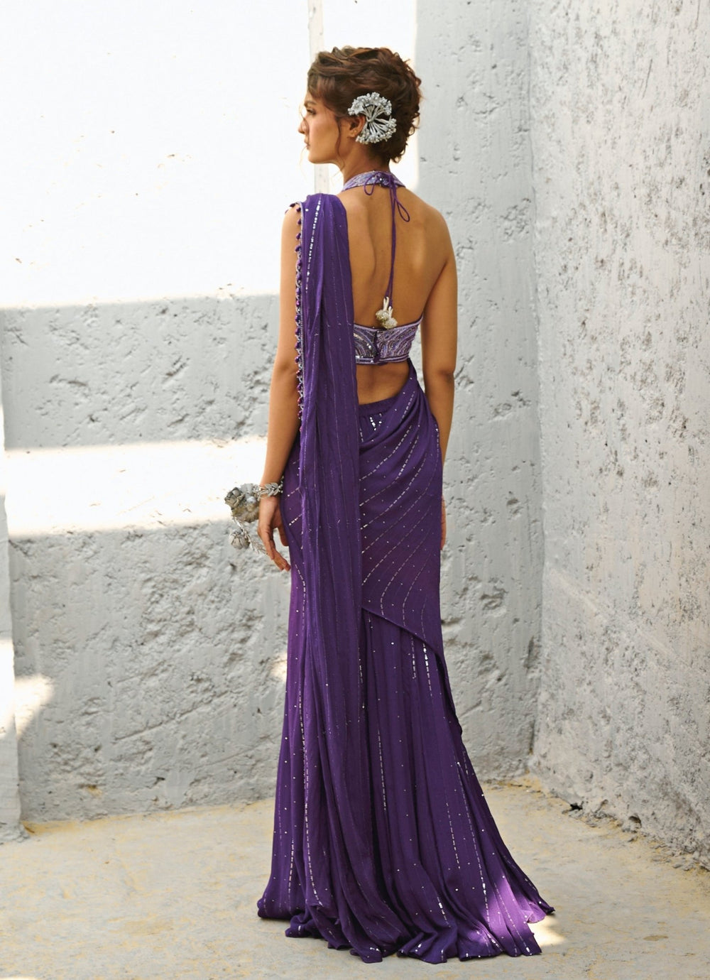 Purple Embroidered And Pre Stitched Georgette Saree Chamee and Palak - Fabilicious Fashion