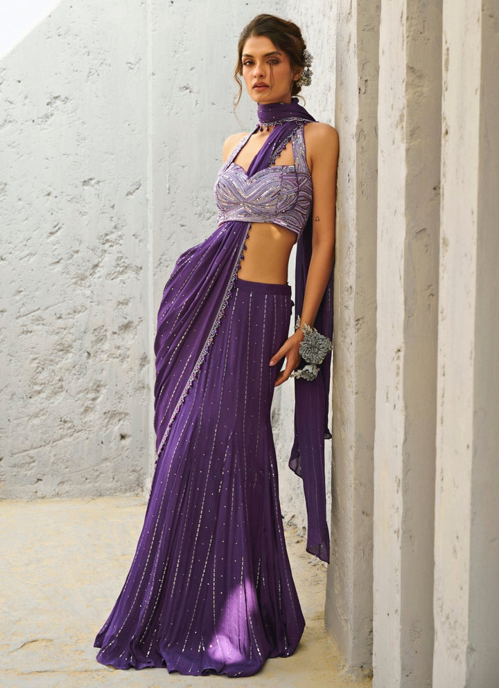 Purple Embroidered And Pre Stitched Georgette Saree Chamee and Palak - Fabilicious Fashion