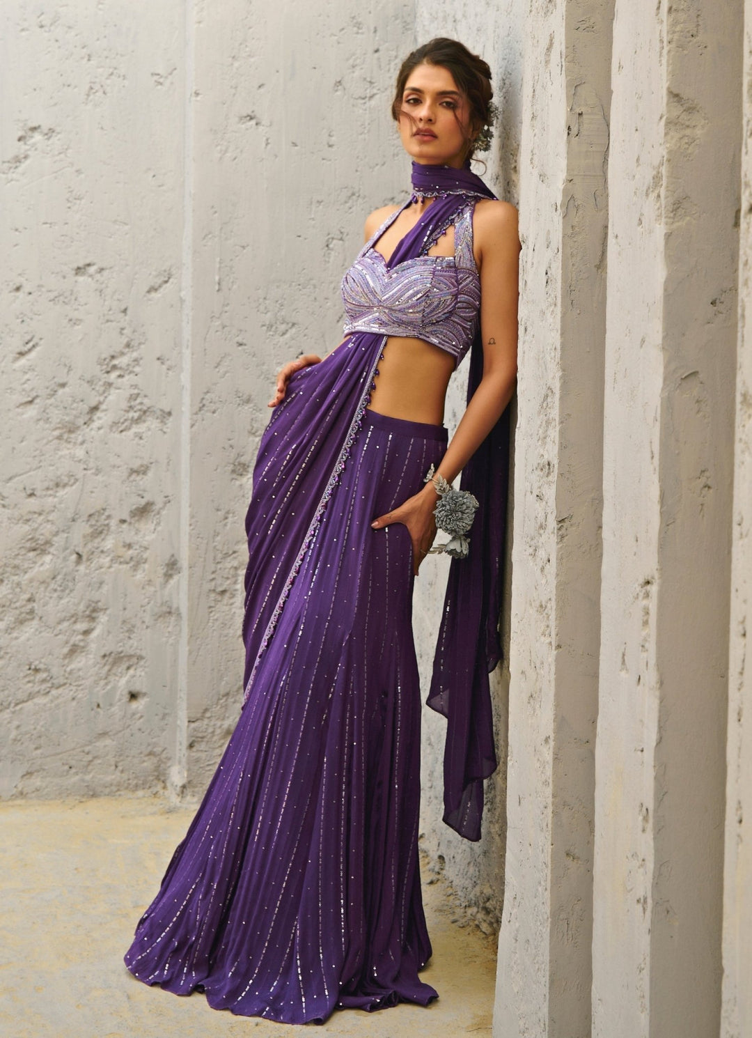 Purple Embroidered And Pre Stitched Georgette Saree Chamee and Palak - Fabilicious Fashion