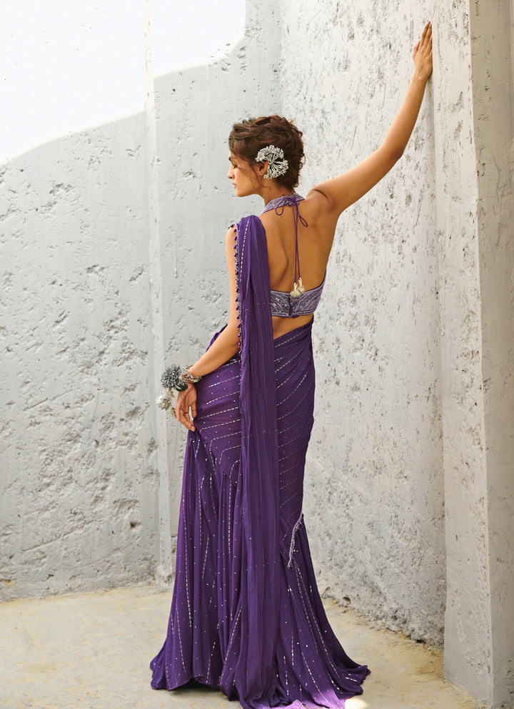Purple Embroidered And Pre Stitched Georgette Saree Chamee and Palak - Fabilicious Fashion