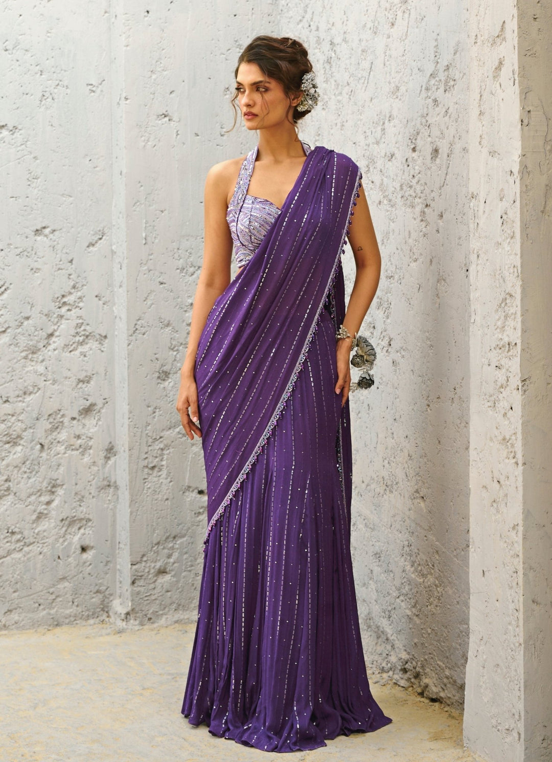Purple Embroidered And Pre Stitched Georgette Saree Chamee and Palak - Fabilicious Fashion