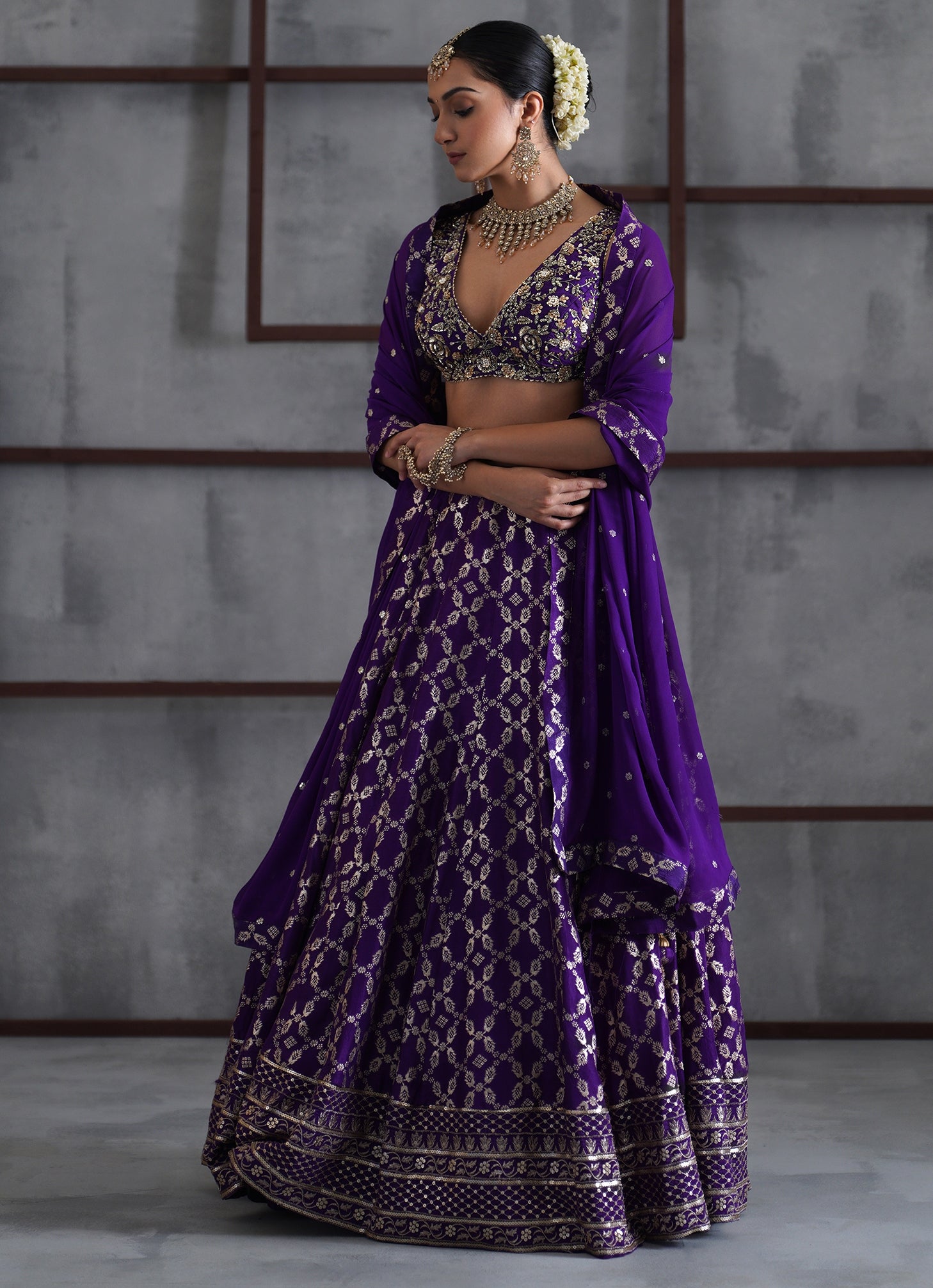 Purple embroidered Banarasi lehenga — rich festive sangeet guest outfit