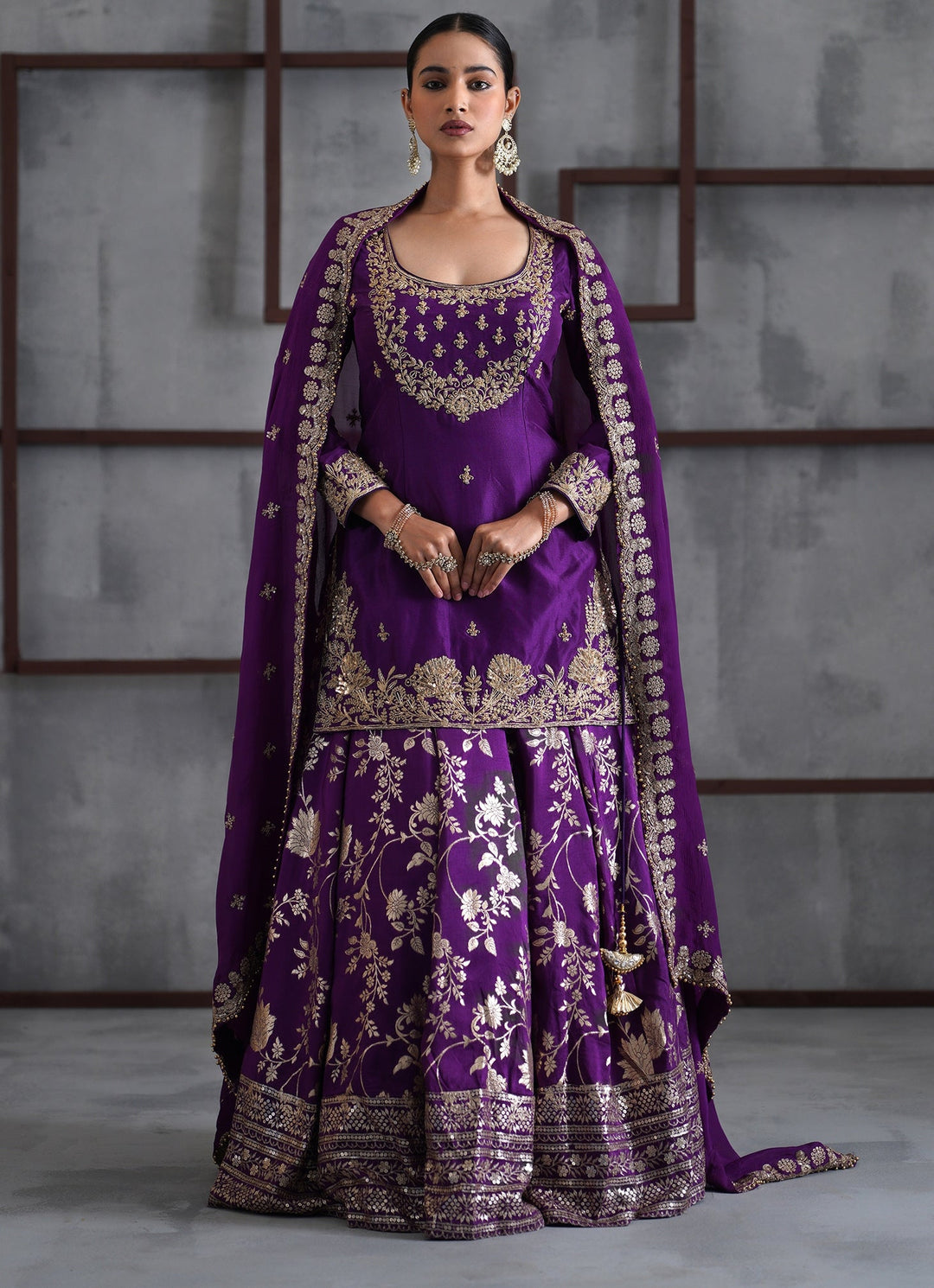 Purple Embroidered Banarasi Silk Kurta Lehenga Set Deepika Chadha - Fabilicious Fashion