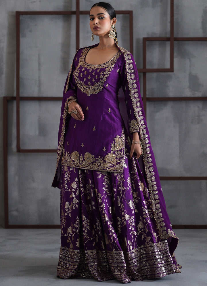 Purple Embroidered Banarasi Silk Kurta Lehenga Set Deepika Chadha - Fabilicious Fashion