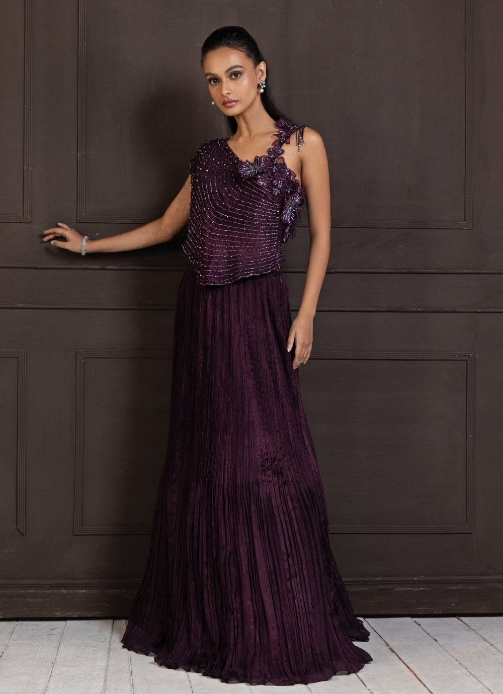 Purple Embroidered Chiffon Lehenga With Draped Cape Blouse Smriti - Fabilicious Fashion