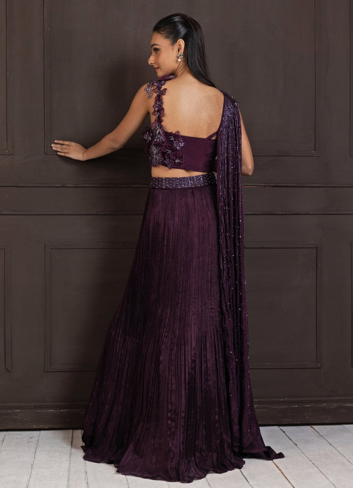 Purple Embroidered Chiffon Lehenga With Draped Cape Blouse Smriti - Fabilicious Fashion